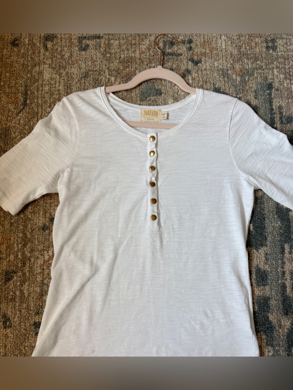 Nation LTD White Short-Sleeve Henley with Gold Snap Placket